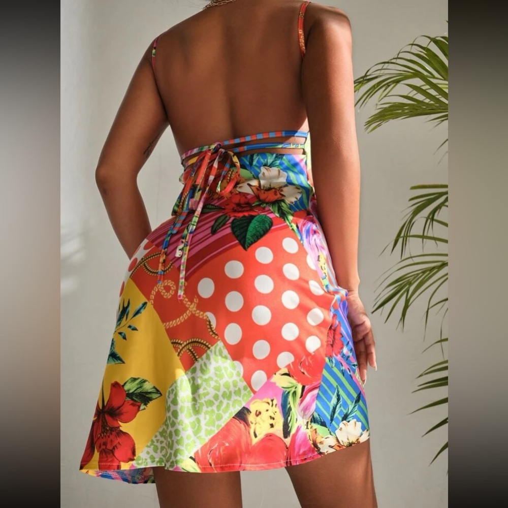 Random Patchwork Print Split Hem Cami Dress - image 4